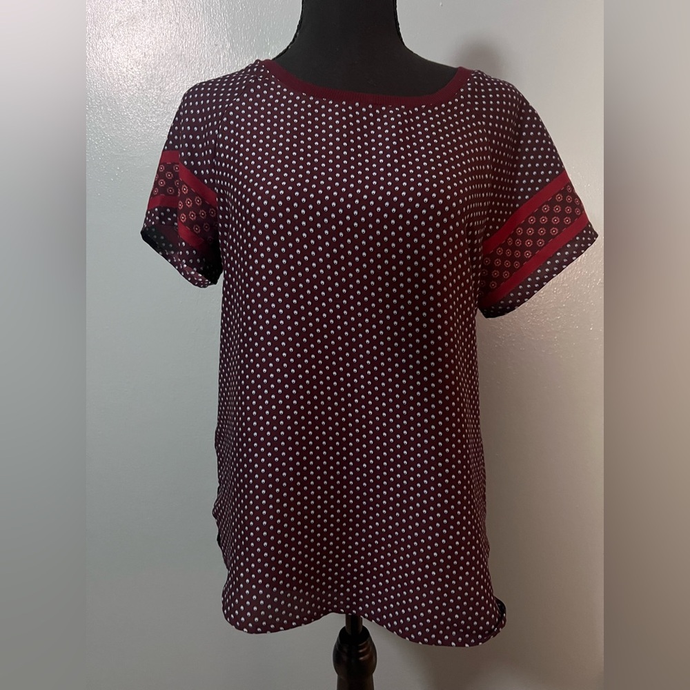 LOFT short sleeve satin burgundy & blue blouse